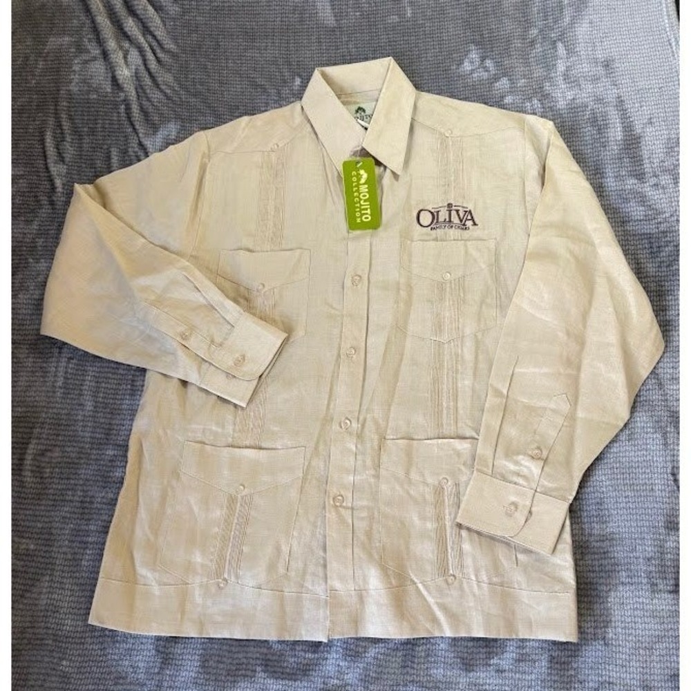 Mojito Collection Oliva Family of Cigars Linen Guayabera Shirt L Tan Long Sleeve